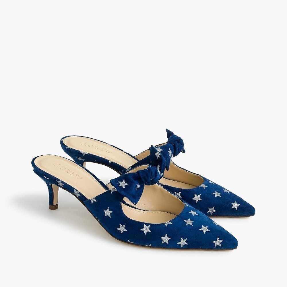 J. Crew Sophia Blue Suede Silver Glitter Star Heeled Mules 7